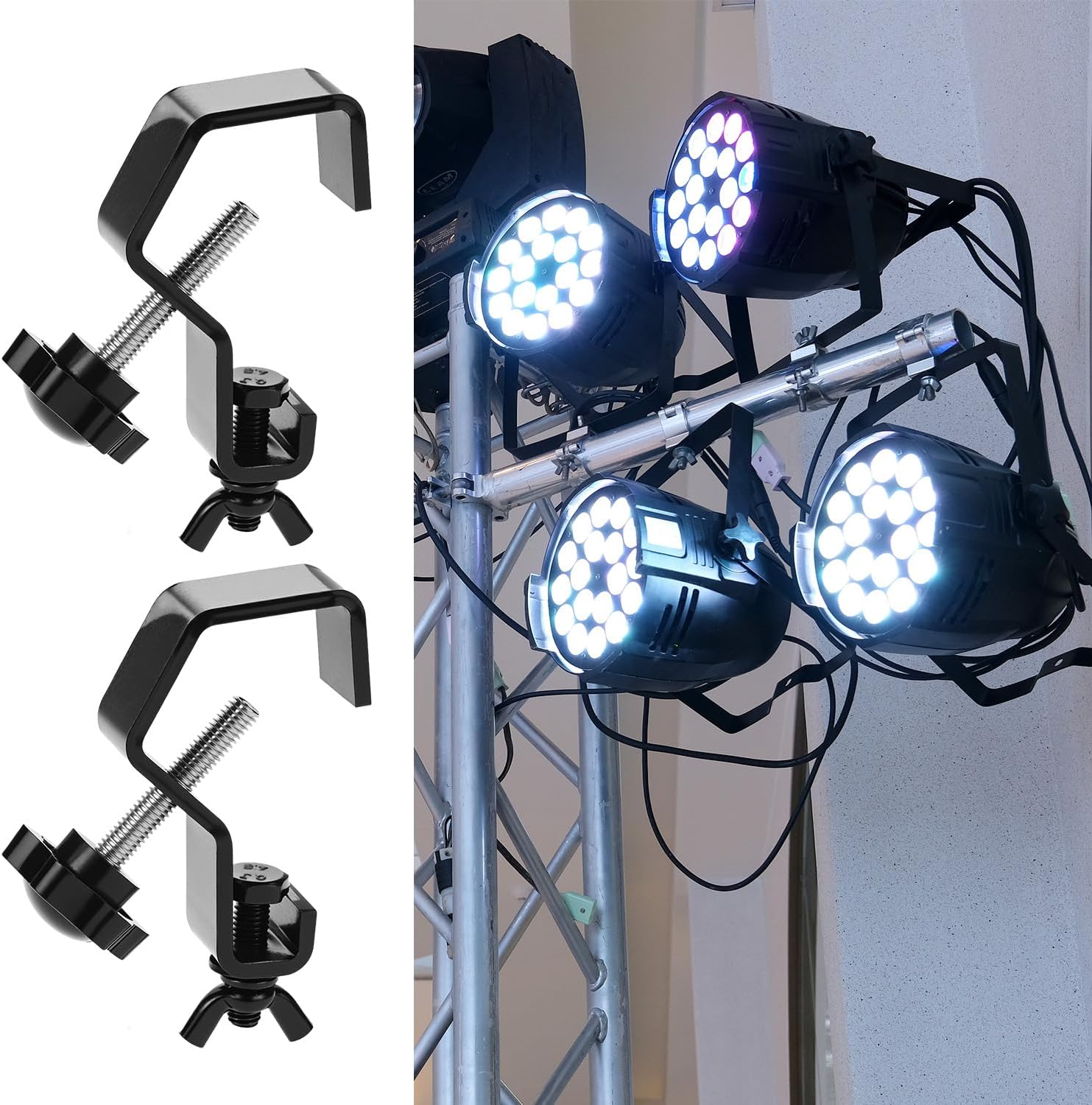 QWORK 6 Pack Stage Lighting Clamp, Black Truss Clamps Stage Light Hook, Max Load 44lb C Clamp for DJ Lighting Par Lights Spotlight Moving Head Light, Fit 1"-1⅛" OD Tubing/Pipe