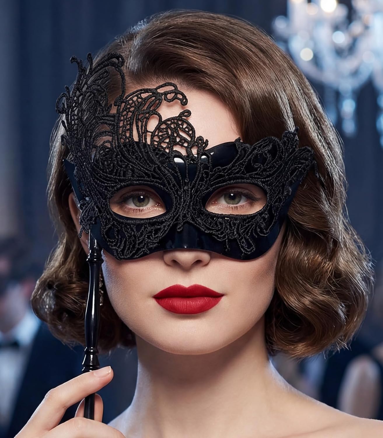 Black Masquerade Mask with Stick, Lace Handheld Antifaz, Cosplay Fashion Shows Accessories for Women - Image 7