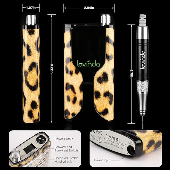 Professional Nail Drill Machine, Lavinda portable 35000RPM Electric nail drill Cordless Rechargeable Efile, Powerful Brushless Motor Electric Nail File for Acrylic Nails with Carrying Case,Black