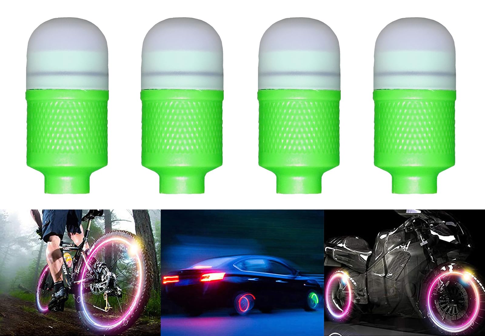 4 Pack LED Tire Lights for Car Flash Wheel Light Valve Stem Cap Lamp for Bike Truck Motorcycle Waterproof Tyre Spoke Light Cool Reflector Accessories for Men Women Kids (Green)