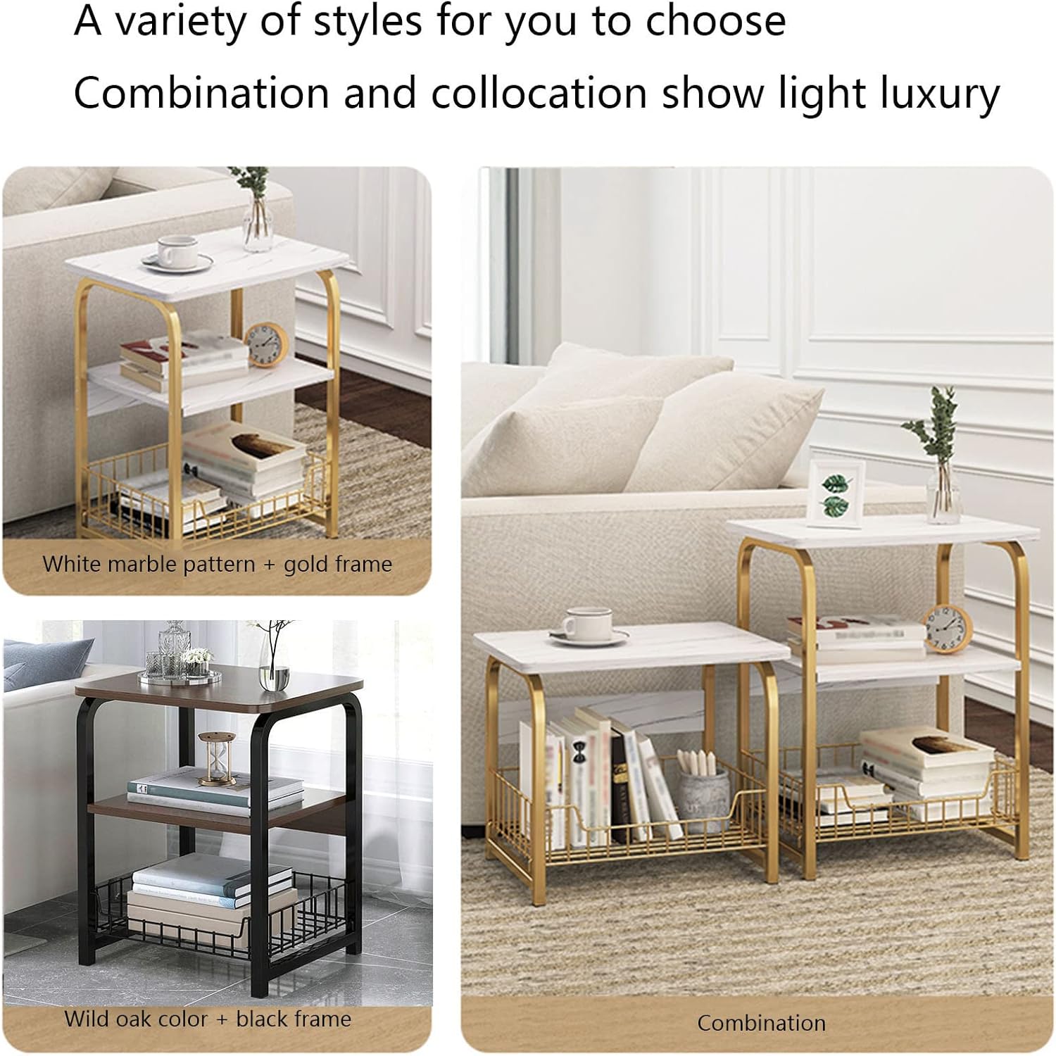 Side Table/End Table,2/3/4 Tiers Coffee Table Bedside Table, Sofa Bedwith Storage Rack, Suitable for Living Room, BedSofa Table, Metal Frame,B