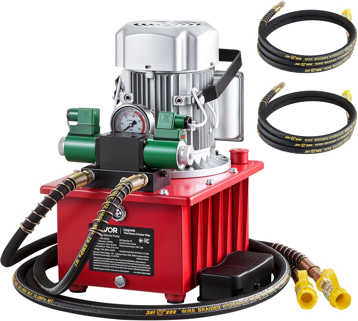 VEVOR Electric Driven Hydraulic Pump, 750W 10,000 PSI, 120V Double Acting Hydraulic Pump Power Pack Unit, Solenoid Valve with Pedal Switch, 2.1 Gal / 8L, for Punching, Bending, Double Acting Cylinders