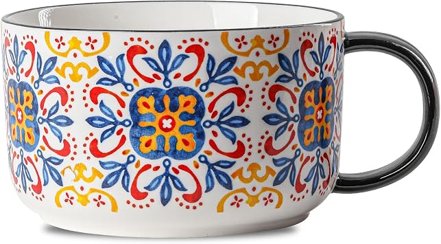 Extra Large Ceramic Coffee Mug 38 oz Oversized Bowl with Jumbo Handle for Home Office Breakfast Soup Cereal - Moroccan Pattern Design Microwave Safe Giant Cup - C
