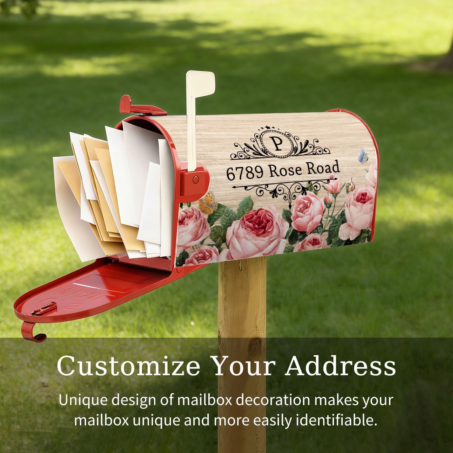 Vintage Pink Rose Butterfly Personalized Farmhouse Address Mailbox Covers Magnetic Mailbox Magnet Decor Wedding Gifts Post Letter Box Covers Mailboxes Wraps for Outside Garden Yard Courtyard Decor