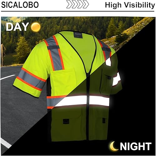 Miniatura 4 de Chaleco de malla de seguridad de alta visibilidad para hombre con 10 bolsillos, chaleco reflectante Hi Vis, clase 3, ropa de trabajo con cremallera