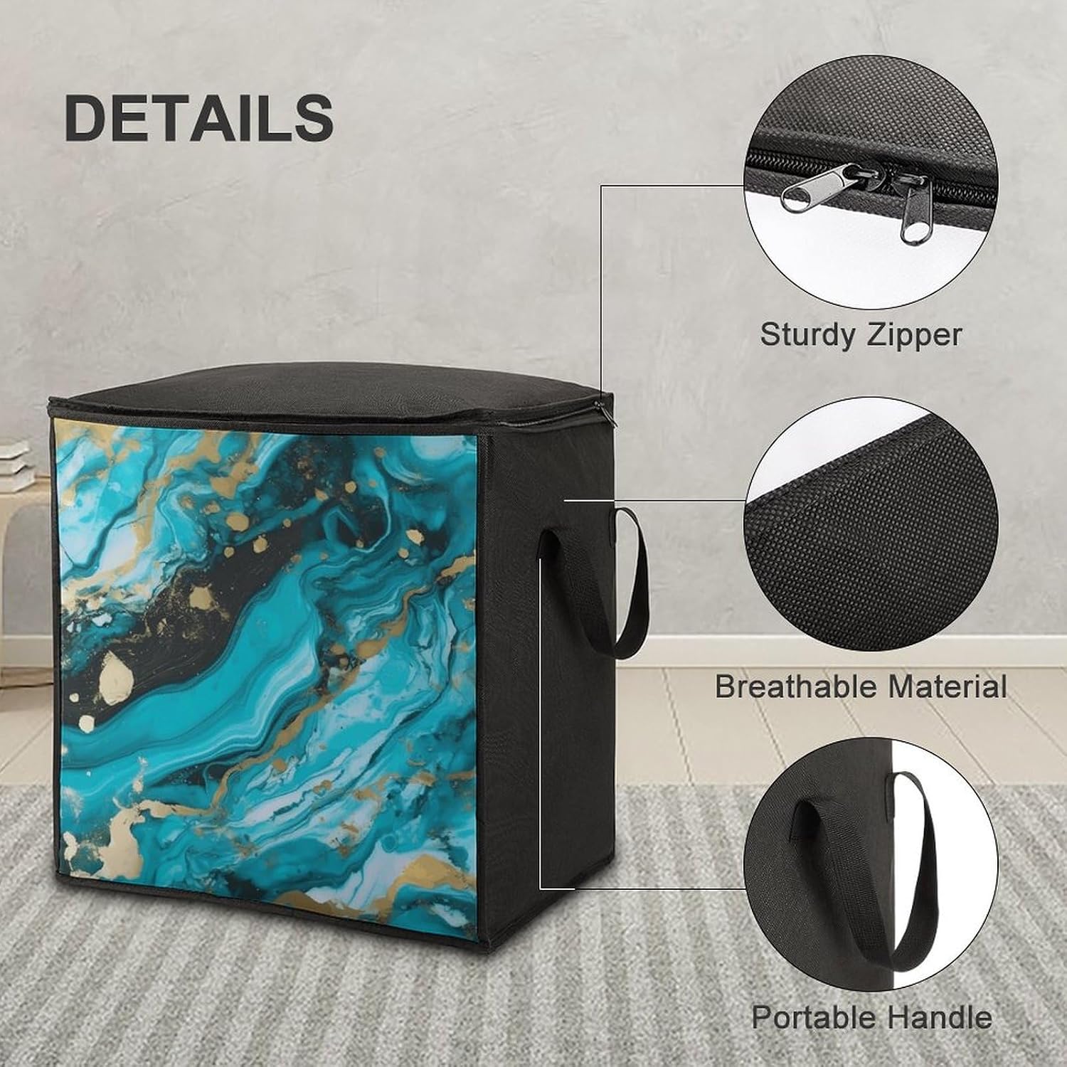 Turquoise Blue Gold Marble Storage Bag with Zippers And Handle Extra Large Bedding Comforter Storage Bag Foldable Blanket Storage Bags Fabric Moving Bags for Closet Organizer (70L)