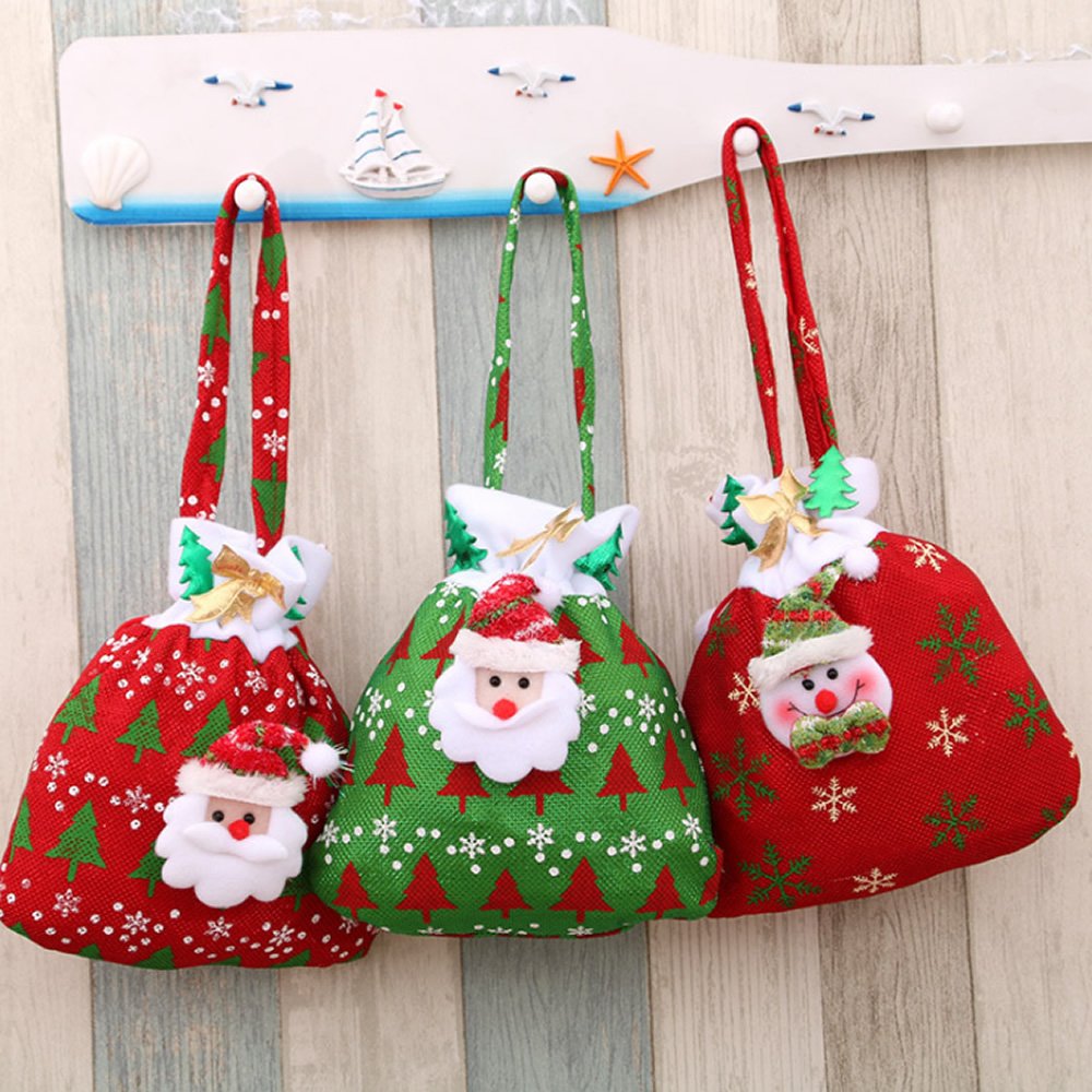 Christmas Candy Bags Gift Bags Apple Bags with Drawstring Xmas Sack Presents Handbags Party Home Decorations 3 Pieces/Set