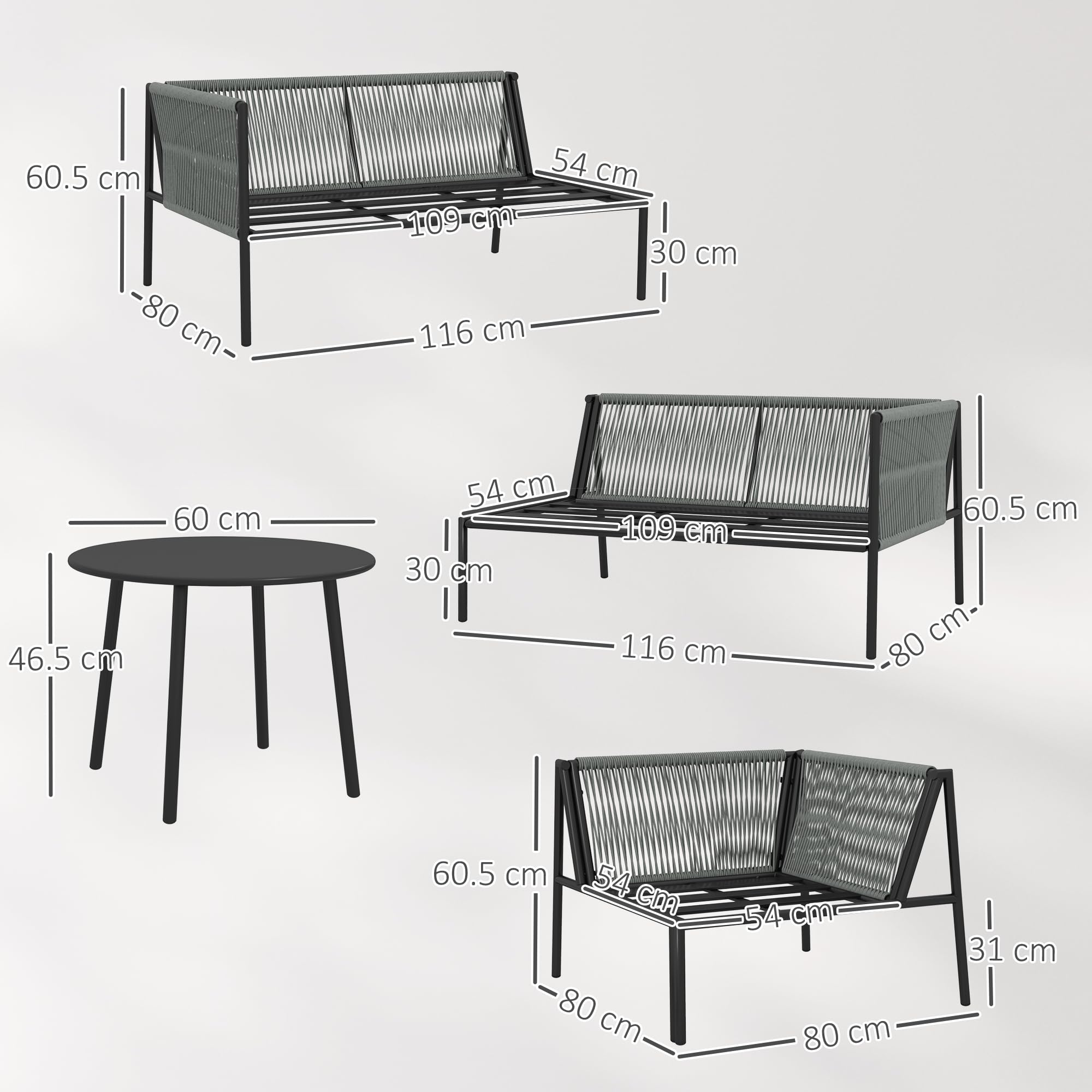Outsunny Set di Mobili da Giardino in Rattan 4 Pezzi, Salotto da Esterno con Divano Angolare Modulabile, Tavolino da Caffè e Cuscini Lavabili, Acciaio, Grigio Scuro
