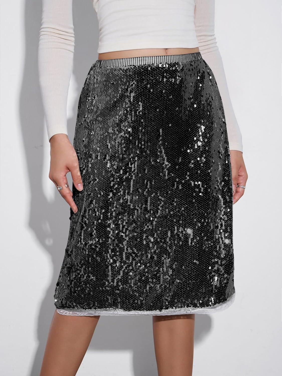 Yousify Womens Sequin Midi Skirts Y2K Elastic High Waisted Lace Trim Sparkly Stretchy Night Out Club Concerts Party Skirt - Image 5