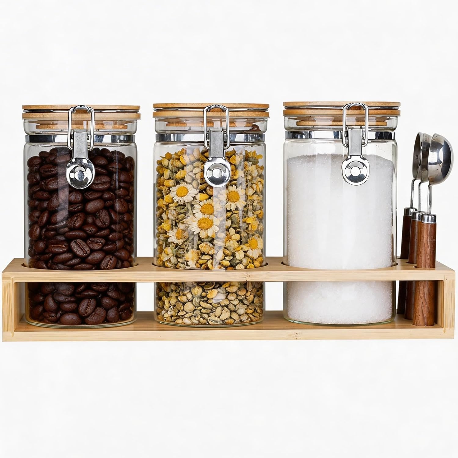 Glass Coffee Canister Set for Countertop | 3-Piece Airtight Jars for Coffee, Sugar, Tea | Modern Farmhouse Kitchen Essentials with Bamboo Lids & Scoops for Coffee Bar & Pantry Organization