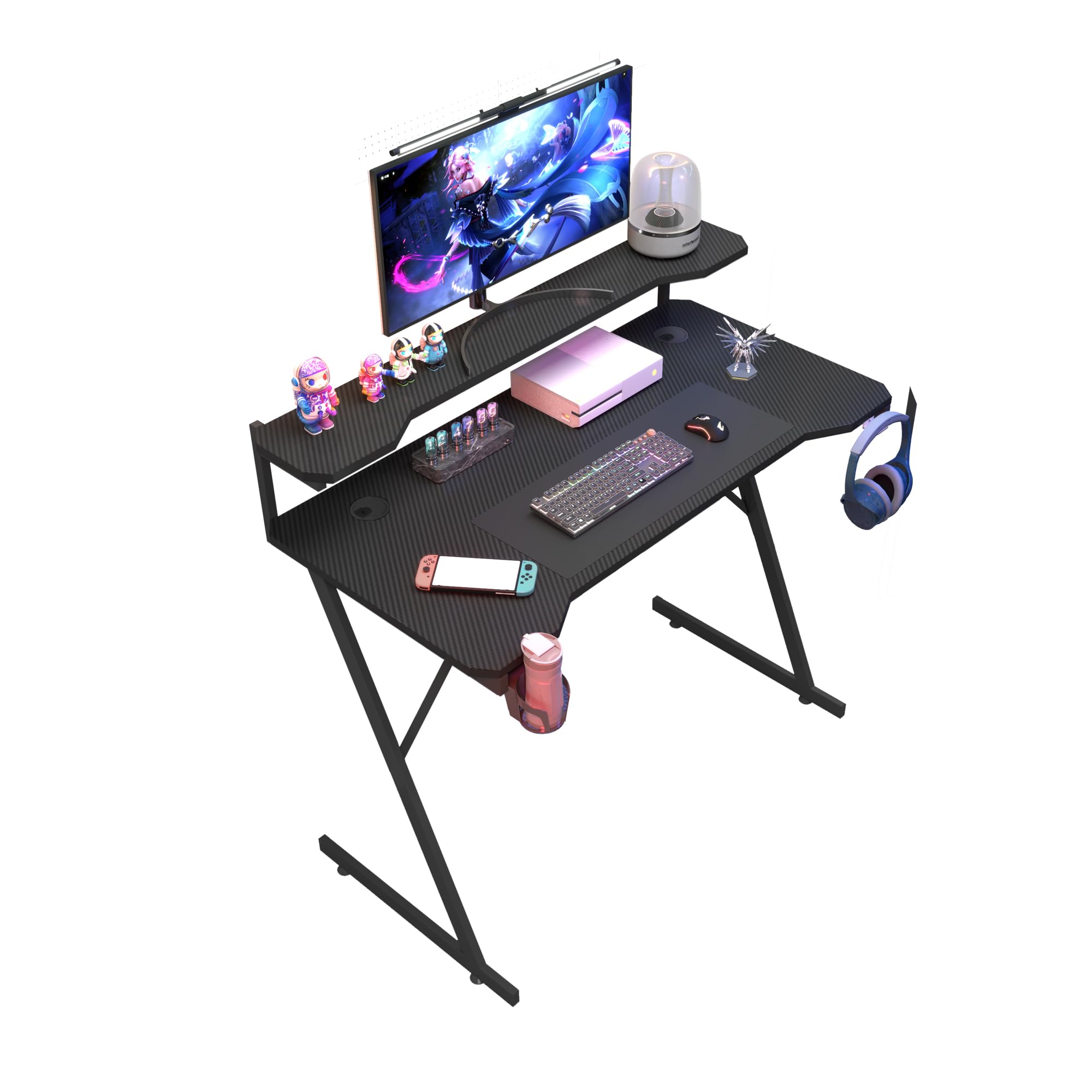 House Of Home 118cm Gaming Desk – Carbon Fibre Computer Desk with Monitor Stand, Cup Holder & Headphone Hook. Black PC Gaming Table for Home Office or Bedroom Setup