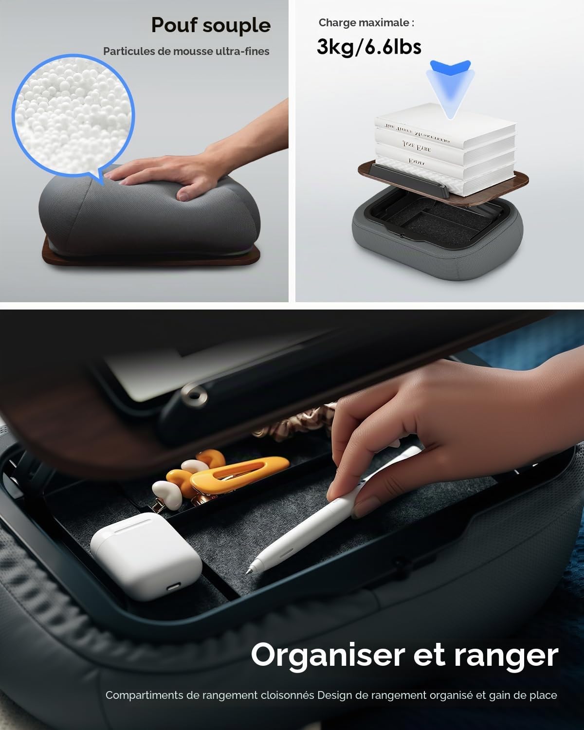 Viozon Support de livre pour lire au lit, avec rangement, bureau sur les genoux, pour livre A3 ~ A5 et tablette/ordinateur portable de 17,8 à 15", coussin de lecture, support de page, support de livre