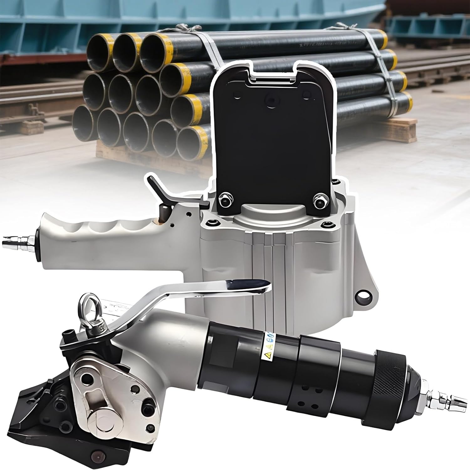 Split-Design Tensioner Cutter Sealer, Thickness Straps, Drop-Resistant Steel Body, Metal Strapping Tool Pneumatic Steel Strapping Machine