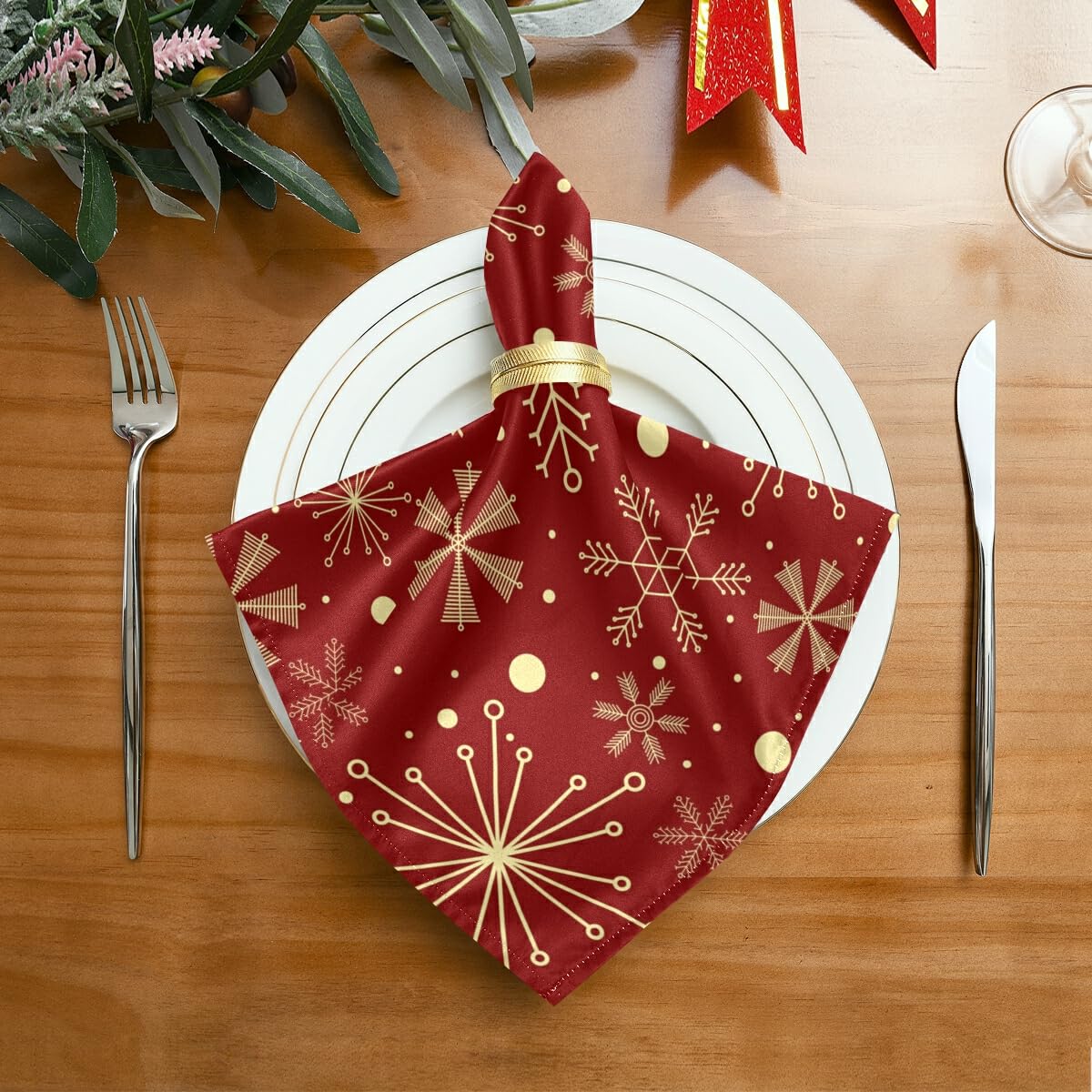 Christmas Snowflakes On Dark Red Cloth Napkins Polyester Dinner Napkins Set of 6 Napkins Great for Dining Special Occasions or Dinner Parties