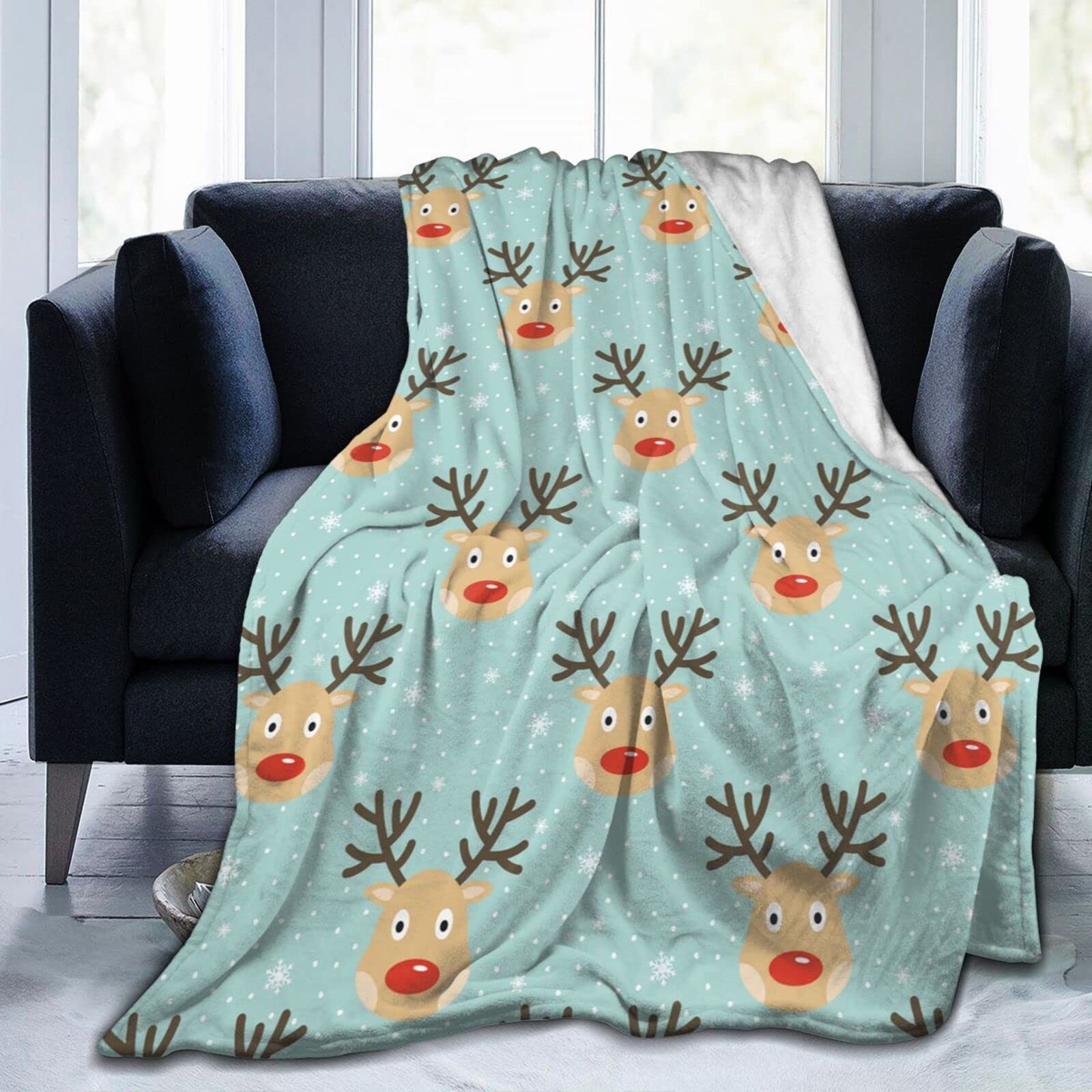 Lsjuee Christmas Reindeer Throw Blanket Warm Cozy Blankets Lightweight Soft Cozy Flannel Winter Holiday Blanket for Sofa Couch Bed Office Xmas Gift 80"X60"