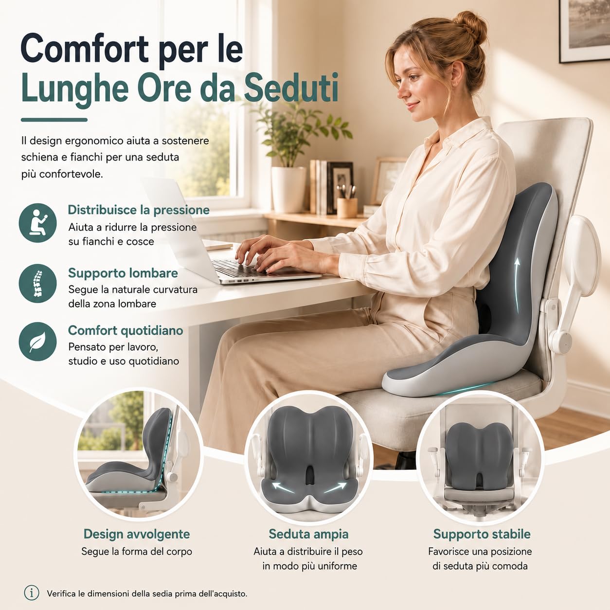 Generico Cuscino Ergonomico in Memory Foam con Ampio Supporto Lombare，Beige | Fodera traspirante lavabile e base antiscivolo. Allevia la pressione e migliora la postura. Portatile per auto e ufficio.