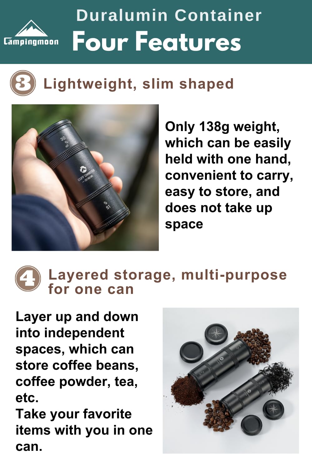 camping moon CAMPINGMOON Coffee Canister 2-Stage CNC Cutting Duralumin Black CC-51-BK, Silver - Image 4