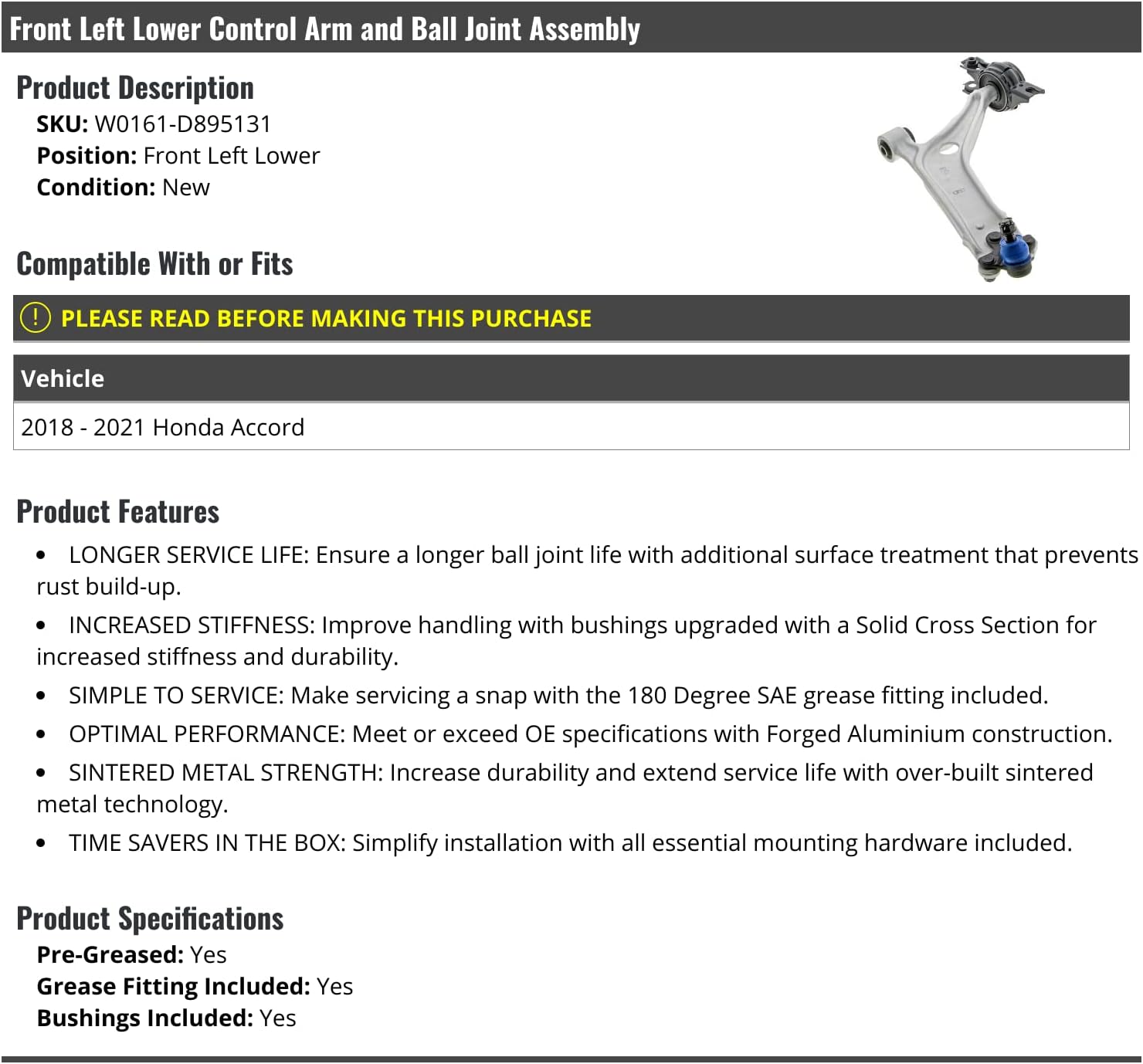 Front Left Driver Side Lower Control Arm and Ball Joint Assembly - Compatible with 2018-2021 Honda Accord (W0161-D895131)