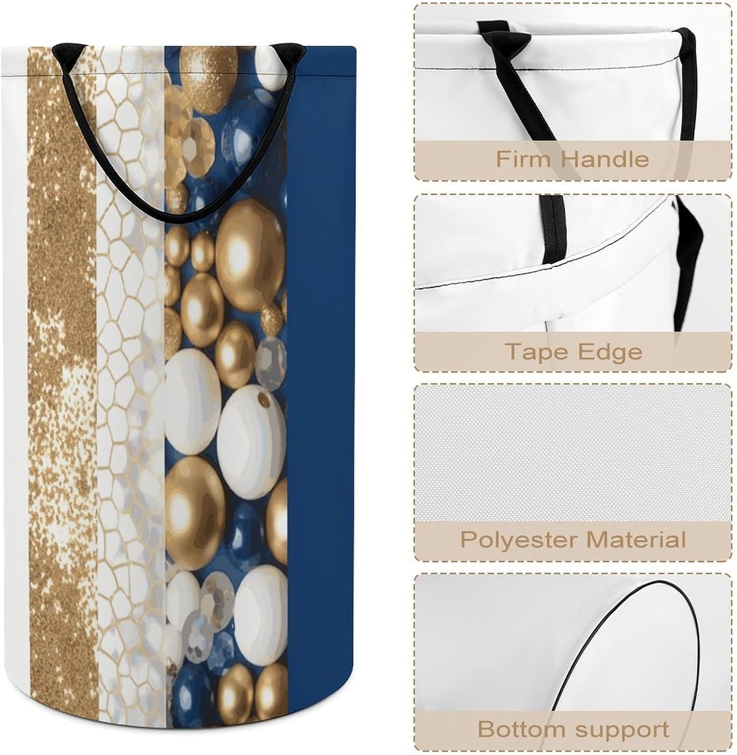 Gold Blue White Laundry Basket Dirty Clothes Bin, Waterproof Laundry Hamper, Laundry Bag, Clothes Hamper Stands for Bedroom, Towels,Clothings image 4