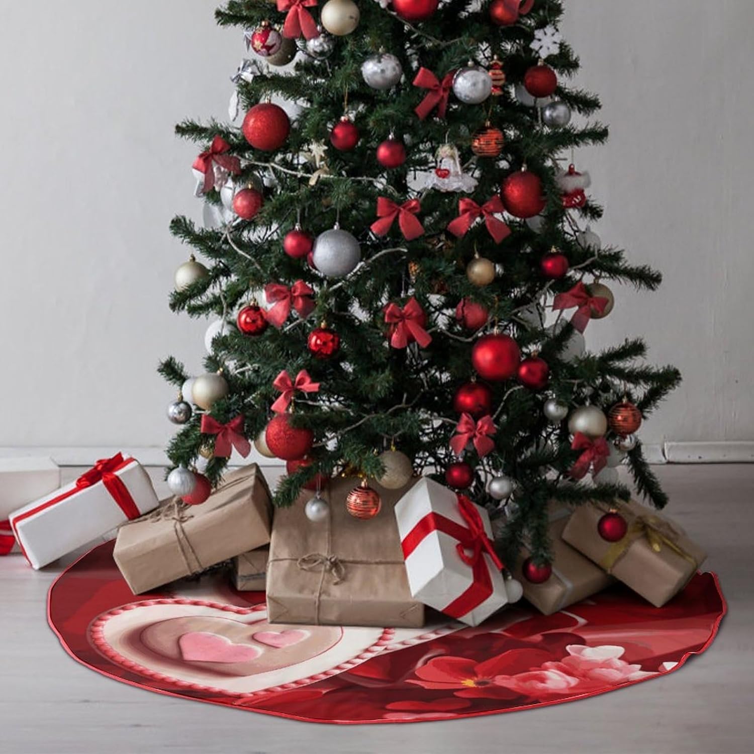 Christmas Tree Skirt,for Xmas Tree Holiday Party Decorations Happy Valentine's Day Printed Christmas Tree Mat Red Lace-up Christmas Tree Dress