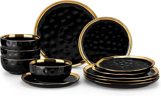 LOVECASA 12 Pieces Plates and Bowls Sets, Porcelain Black and Gold Dinnerware Sets, Round Dinner Plates Dishes Set Service for 4, Dishwasher Safe and Scratch Resistant, Black