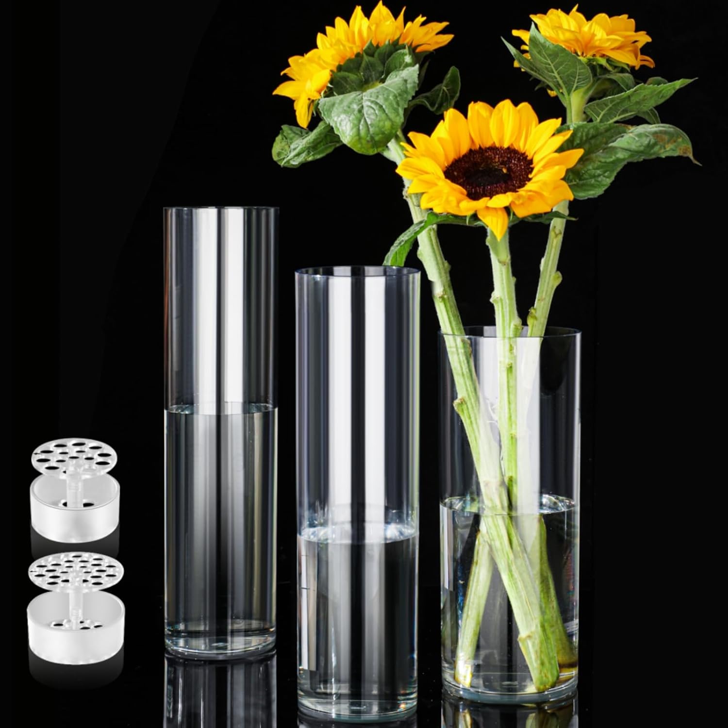 Large Clear Cylinder Plastic Vase with 2 Spiral Ikebana Stem Holder, Hydroponic Unbreakable Tall Hurricane Flower Vase for Wedding Decor (3 + 2 Holder No Flowers) 3.9 in X 8 in-12 in-5 5 Clear