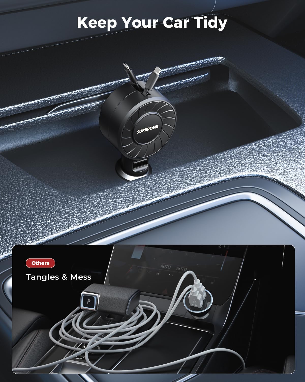 SUPERONE Cargador retráctil para coche con cables retráctiles