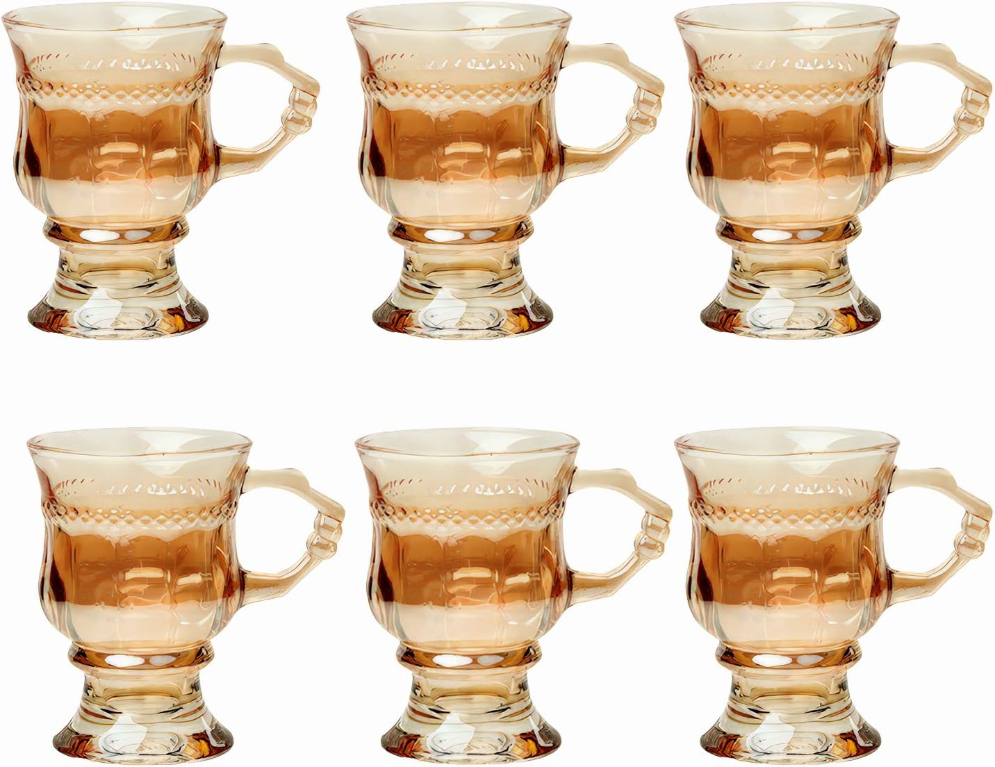 Set of 6 Turkish Tea Cups – Glass Tea Cups with Handles and 5-Ounce Footed Glass Coffee Mugs, Suitable for Serving Both Hot and Cold Beverages. (style-D)