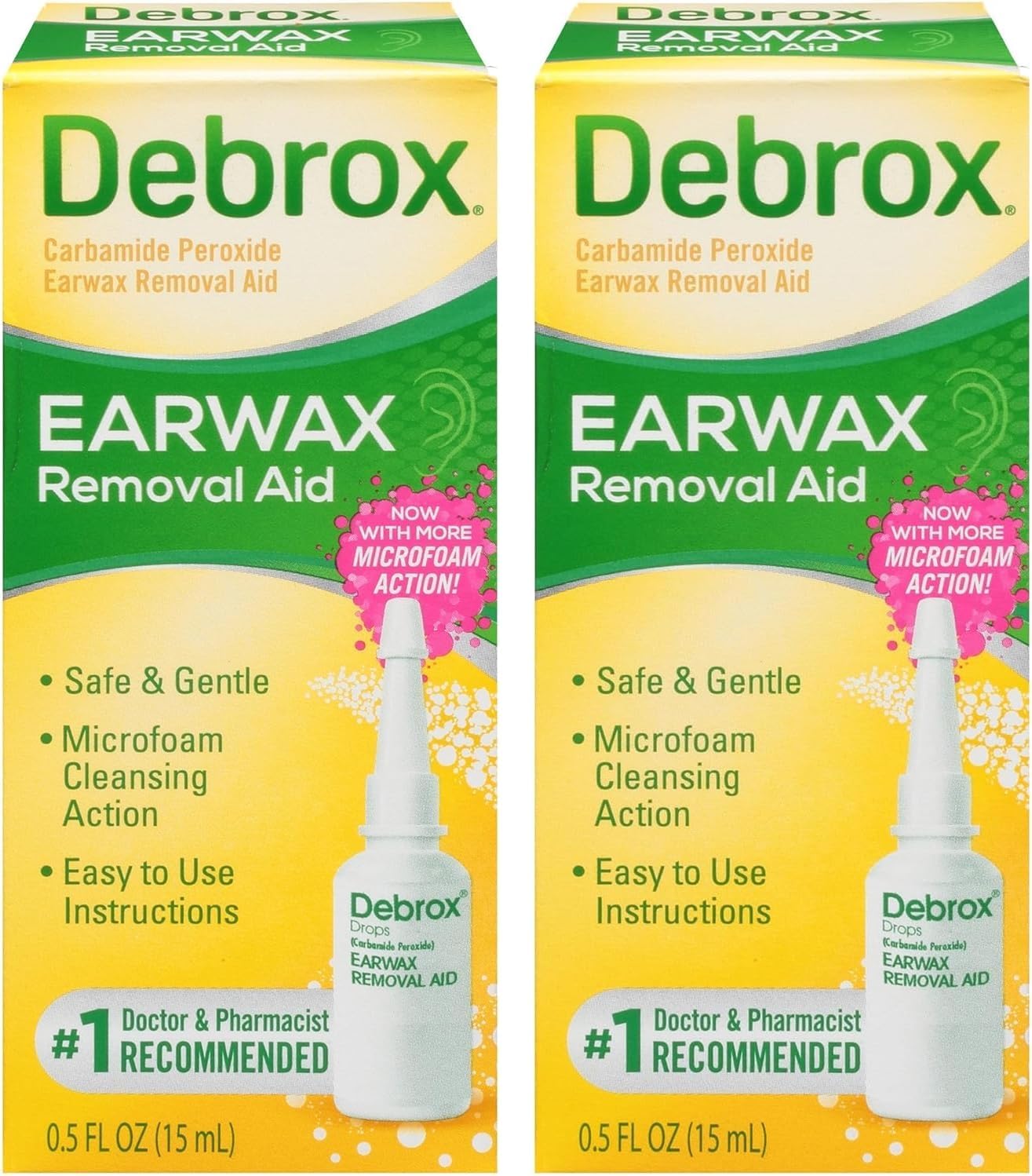 Debrox Earwax Removal Drops with Gentle Microfoam Cleansing Action, 0.5 fl oz, Adults and Children Over 12 Years of Age (Pack of 2)