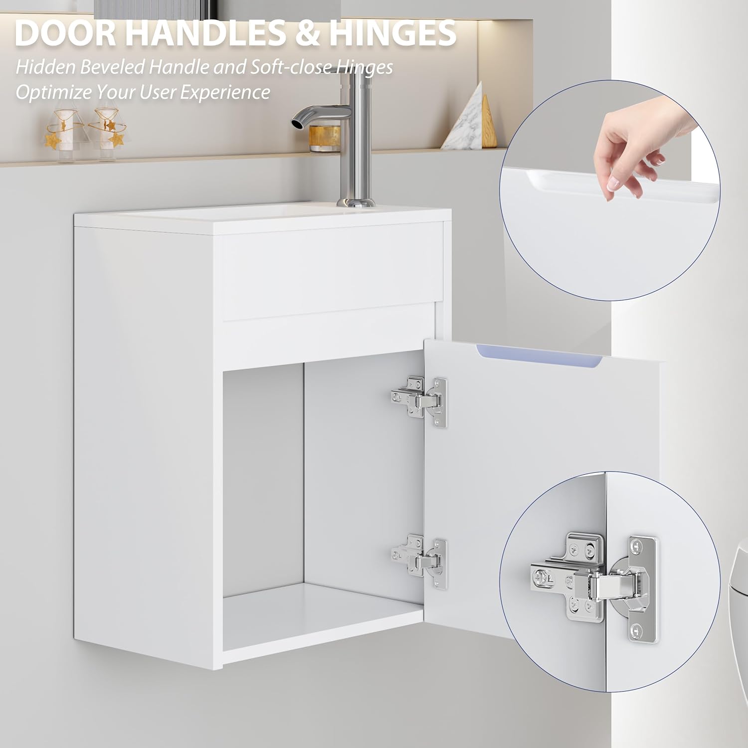 eclife 16" Small Bathroom Vanity Sink Combo, Modern Painted Wall Mounted Floating Cabinet W/Resin Basin Sink Top, Chrome Water Save Faucet & Pop Up Drain (White)