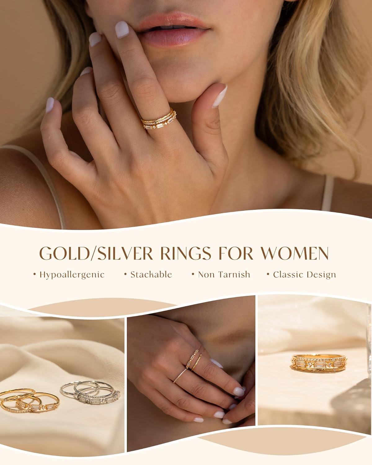 FUNEIA Stackable Silver Gold Rings for Women Non Tarnish 14K Gold Plated Thumb Cubic Zirconia Rings for Women Dainty Pinky Promise Wedding Ring Set Women's Engagement Eternity Band Rings Gold Jewelry - Image 4