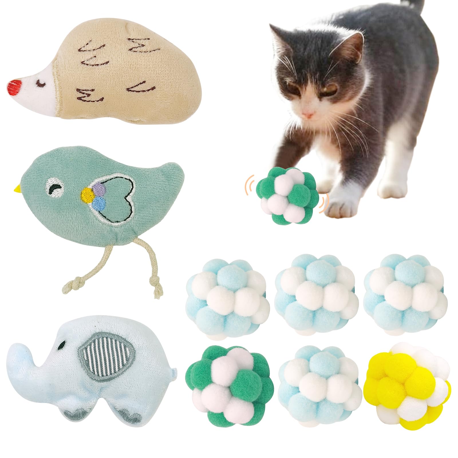 HFZRZFH Cat Toy Set: 6 Fuzzy Yarn Balls with Bells & 3 Animal Ragdoll Toys - Colorful, Soft Plush Cat Toys for Interactive Play, Exercise, and Enrichment - Suitable for All Ages and Breeds