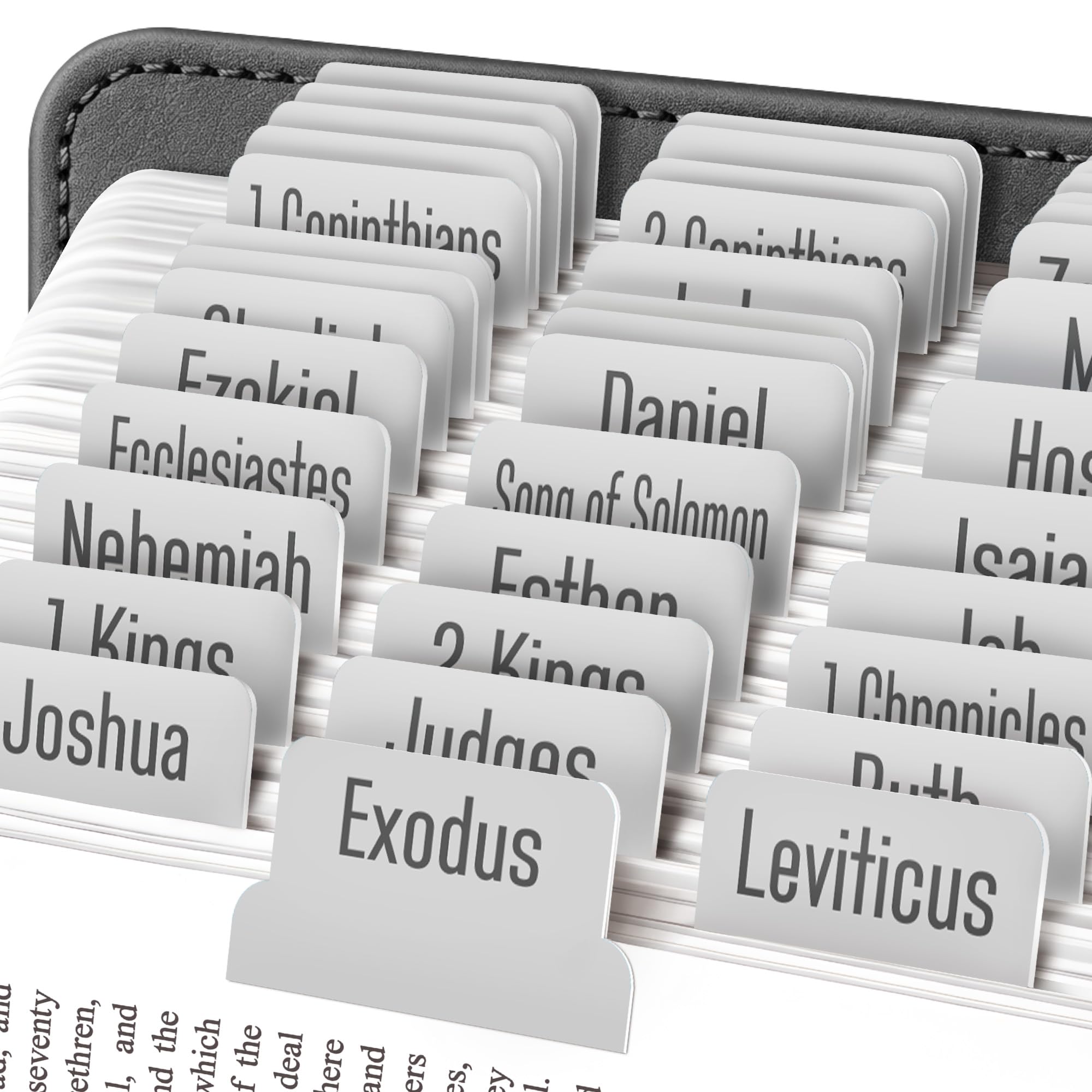 EssexWares - Light Gray Bible Tabs for Old and New Testament, 80 Large Print Tabs for Bible Study, Water-Resistant and Durable Index Tabs for Women and Men - 1.7" Wide