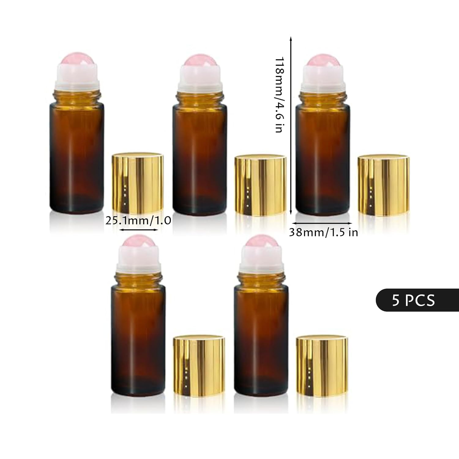 Rose Quartz Roller, 5 Pack Refillable Glass Roller Bottles 50ml Portable Empty Perfume Containers Leak-Proof for Travel