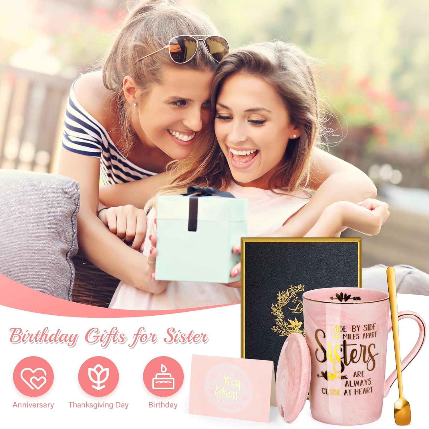 Sister Gifts - Sister Birthday Gifts from Brother Sisters Valentines Galentines Day Gifts for Sisters, 14Oz Pink Marble Ceramic Coffee Cup with Gold Print Coffee Mug with Spoon Lid Card Nice Box - Image 6