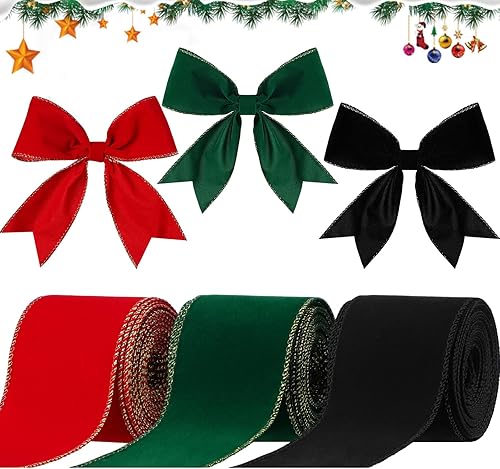 3 rollos de cinta de terciopelo navideño de una sola cara, cinta de satén de terciopelo vintage, cinta ancha de color sólido para decoración de