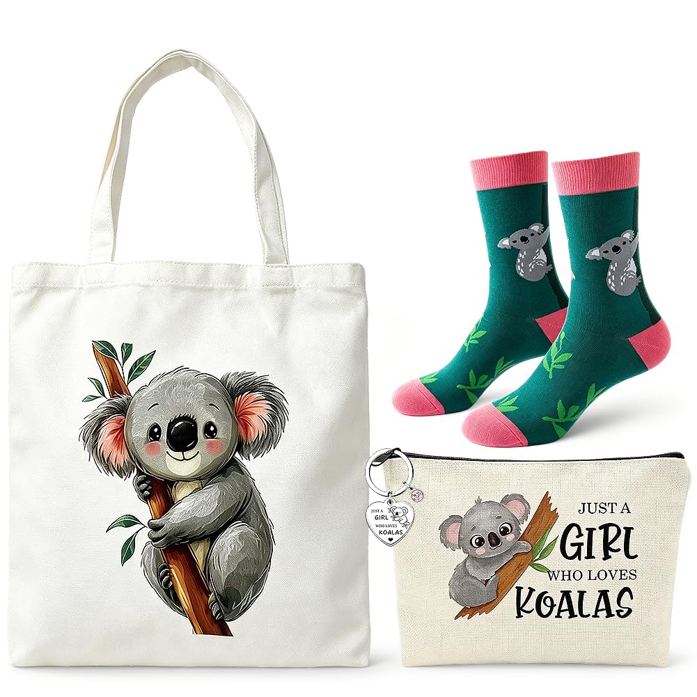 CYGMRFH 4Pcs Koala Gifts for Women – Girls Canvas Tote Bag, Makeup Pouch & Keychain, Funny Animal Cotton Sock, Reusable Shopping Shoulder Bag Set for Work Travel Christmas Birthday Gift