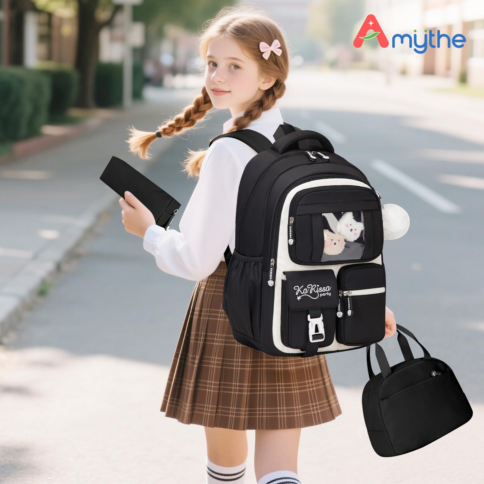 Amythe Sac à Dos Fille, 3 Pièces Cartable Fille Primaire en Nylon, Noir