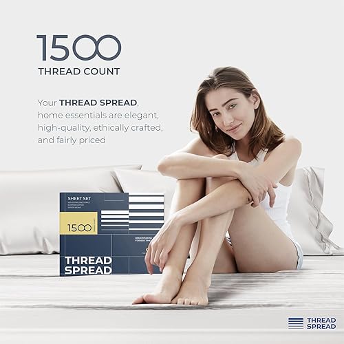 Miniatura 8 de THREAD SPREAD Sábanas 100% de algodón egipcio, tamaño Queen, juego de sábanas de damasco de 1500 hilos, 4 piezas, algodón egipcio, sábanas de lujo