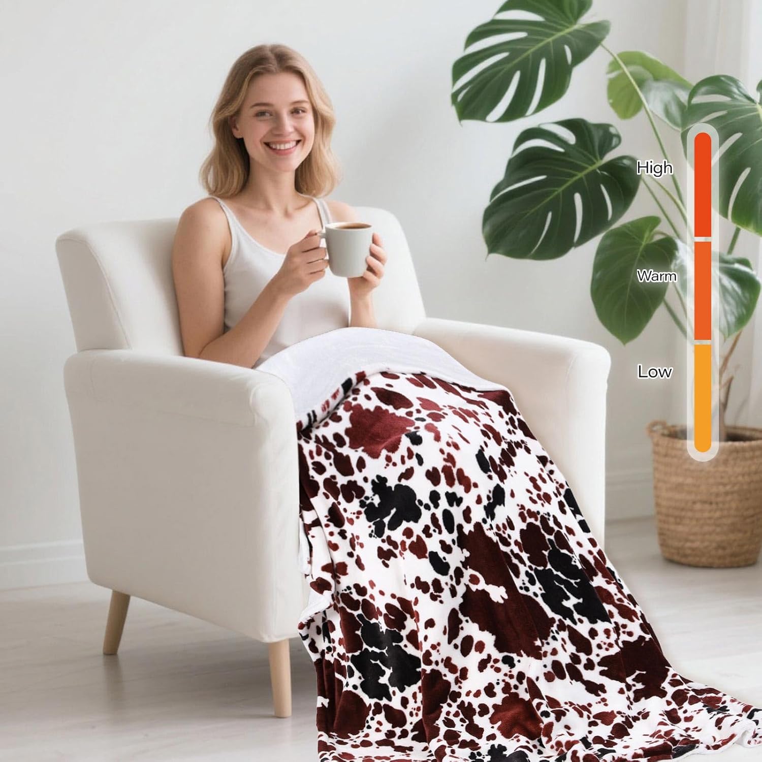 USB Type-C Powered Heated Throw Blanket for Women, 50" X 60" 9V 18W Portable Cow Print Electric Heating Blanket with 3 Heat Settings, 8-Zone Graphene Heating Blankets for Couch Car Office Outdoor