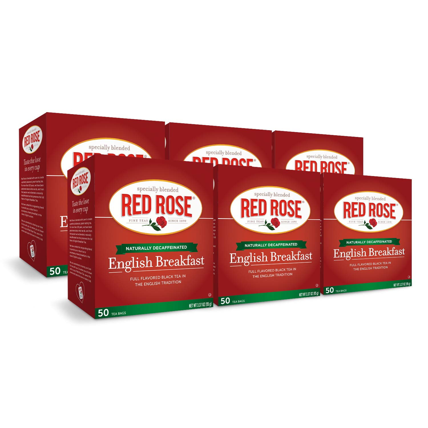Red Rose Teas Black Tea, 6 Boxes of 50 (300 Tea Bags), Decaffeinated English Breakfast