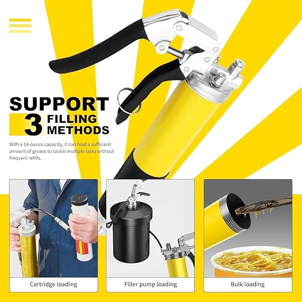 10 Pack 400cc Heavy Duty Yellow Pistol Grip Grease Gun Kit - 14oz, 8000 PSI Manual Grease Gun with Hose, Coupler, Nozzle - 4