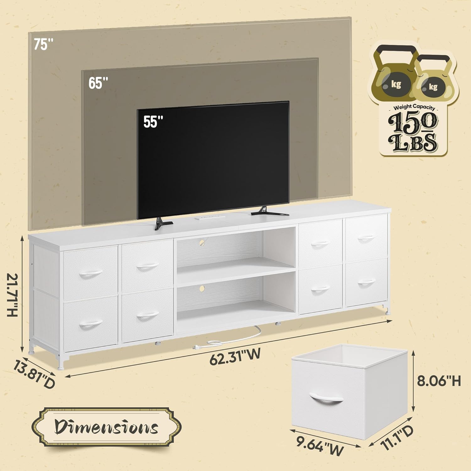 Romorgniz 63" W TV Stand for 65 75 Inch TV with Lights & Power Outlets, 8 Fabric Drawers TV Stand for Bedroom with 3 Wooden Shelves,Dresser for Living Room,Entertainment Center,Dorm,White