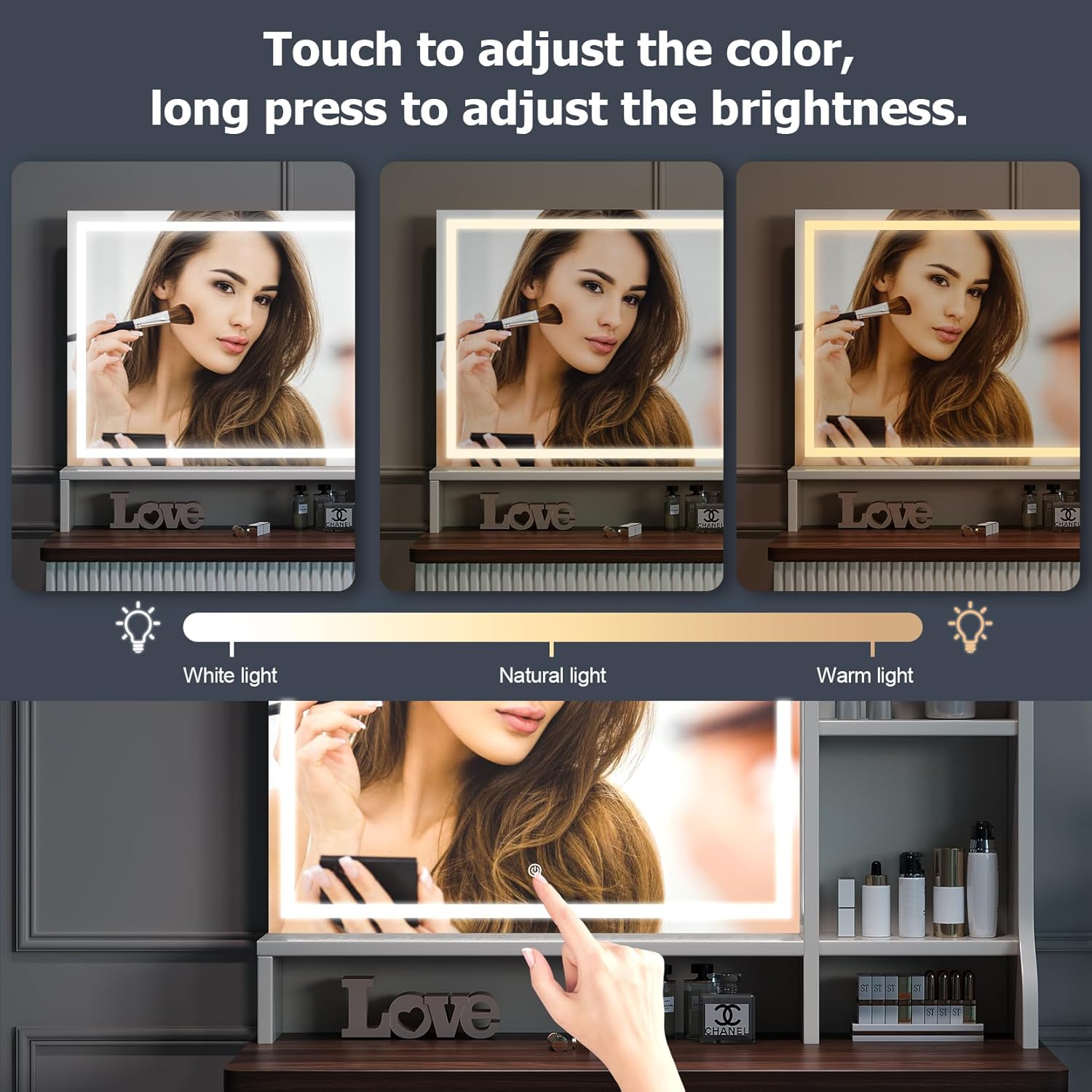 Three images showing the LED mirror light in white, natural, and warm light settings, with a hand touching the sensor to adjust brightness.