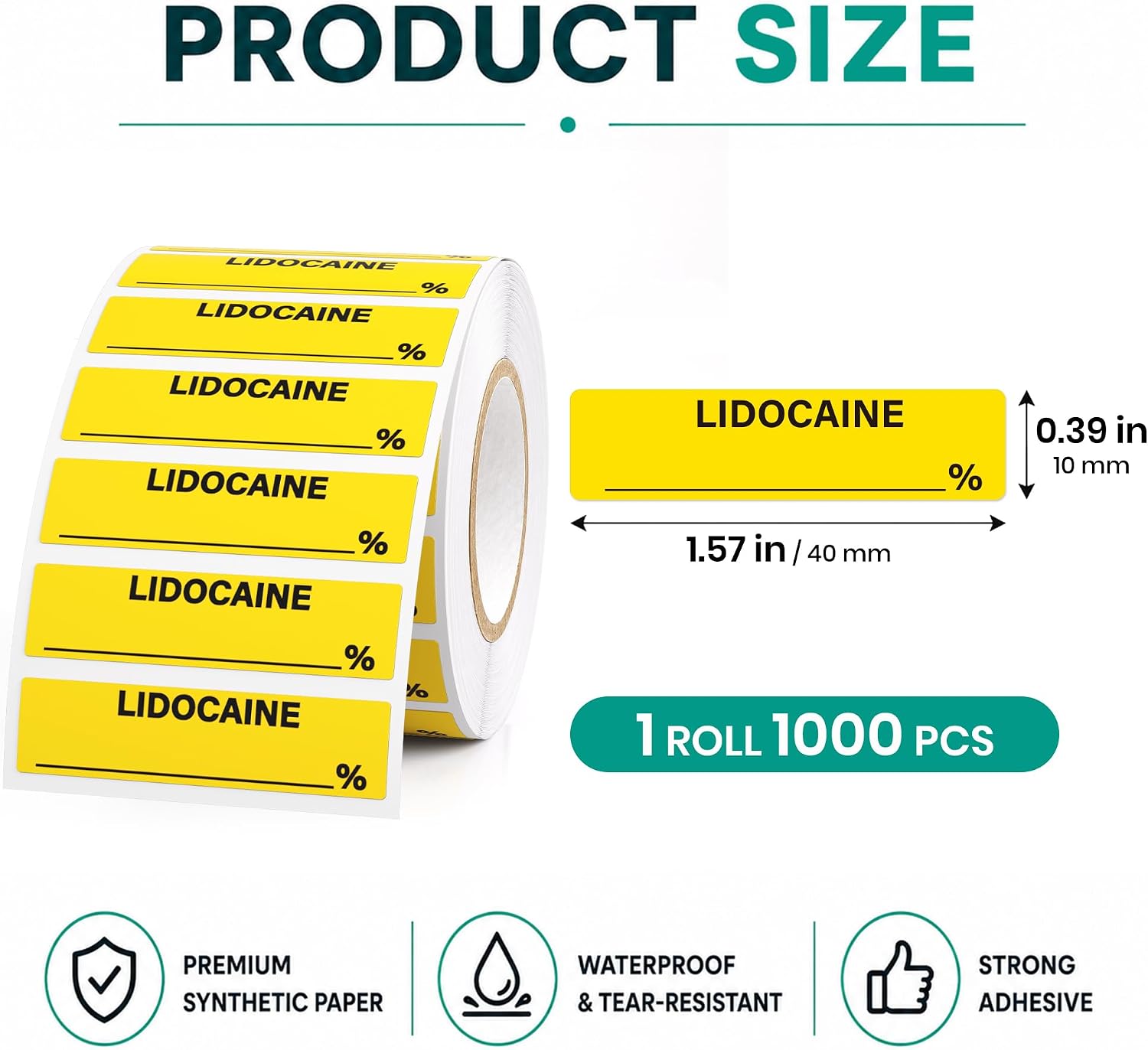 LIDOCAINE Percentage Syring Lables Stickers 0.39"x1.63" 1000 Pcs | Yellow Lidocaine Medication Label, Adhesive Vinyl, Writable Stickers for Veterinary, Medical Syringe Identification