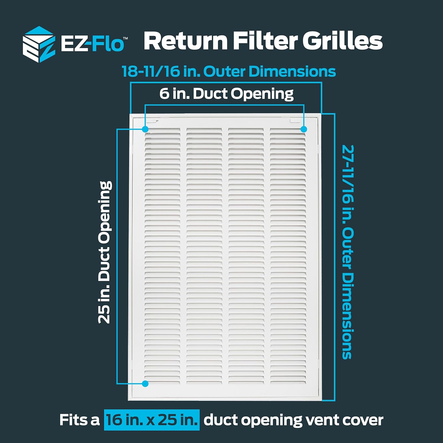 EZ-FLO 16 x 25 Inch (Duct Opening) Return Air Vent Cover for Wall or Ceiling, Solid Steel Return Air Filter Grille, HVAC Vent Cover, White, 61671