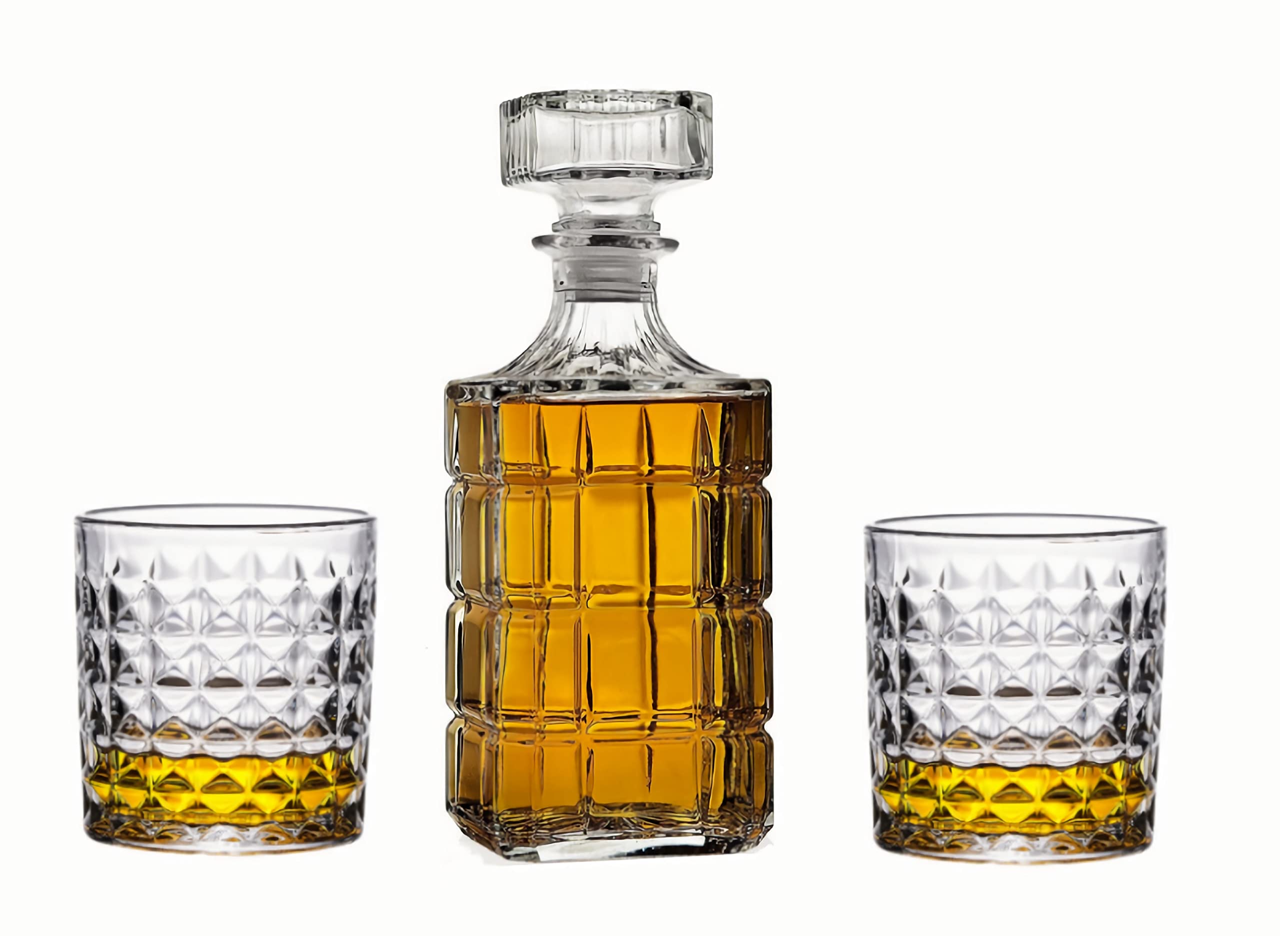 Crystal Whiskey Decanter Set with Glasses, 30oz Elegant Liquor Carafe with Ornate Solid Glass Stopper and 2 Matching Whisky Tumblers,Perfect for Scotch Whisky, Bourbon, Cognac, Tequila & Other Liquor