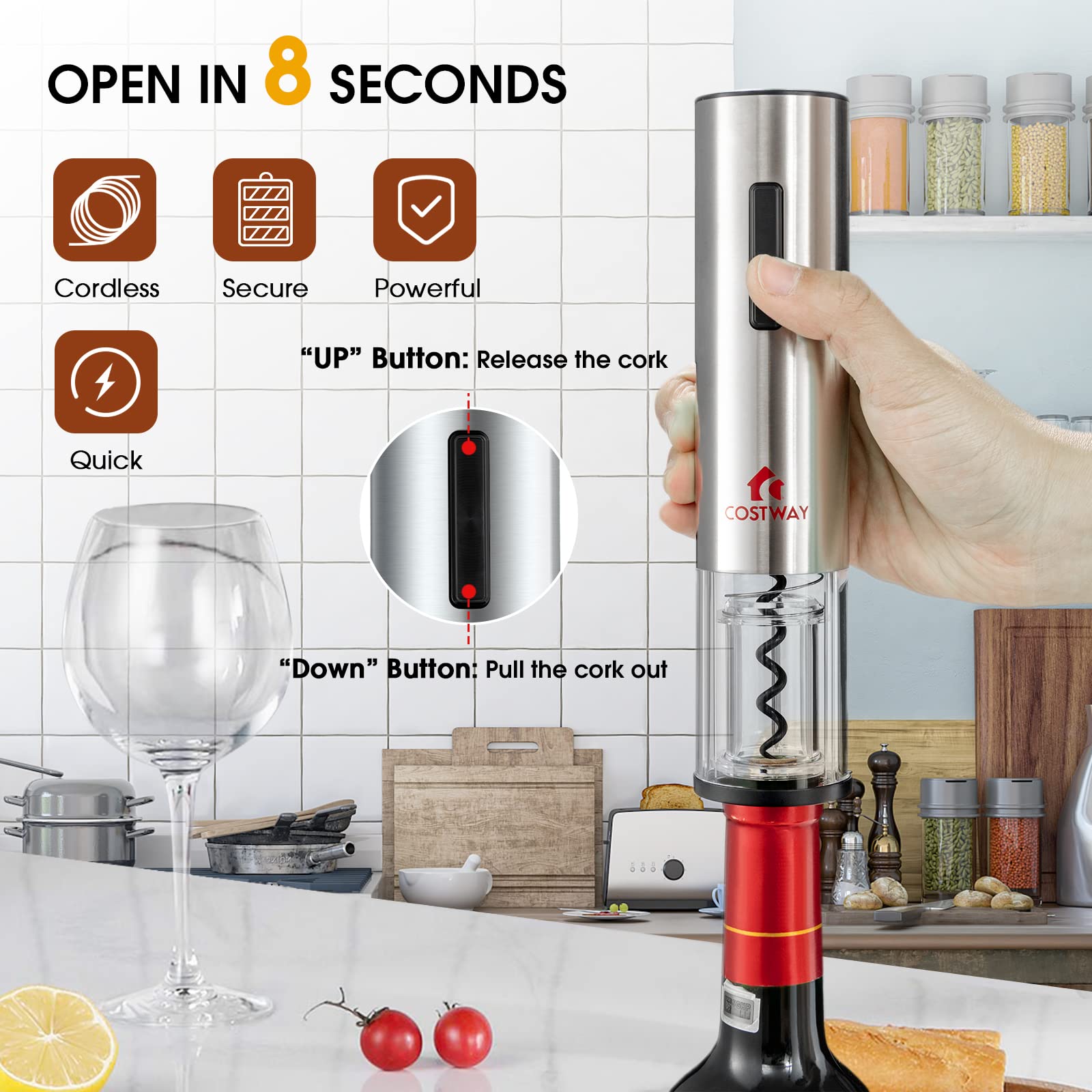 COSTWAY Electric Wine Bottle Opener Set, 6-in-1 Rechargeable Corkscrew Opener with Foil Cutter, Wine Pourer, 2 Wine Stoppers, Base, USB Cable, Automatic One-Button Remove