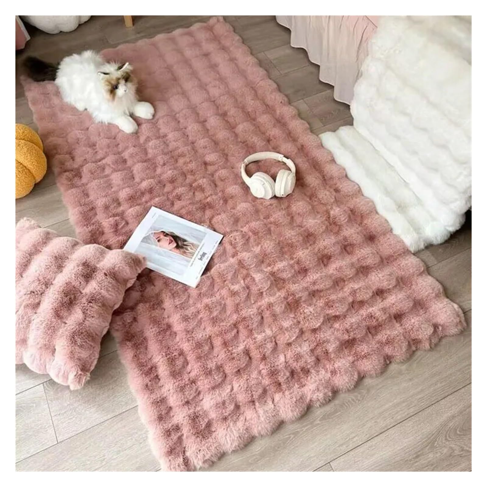 Tapis de chevet rose 60x100cm en peluche à bulles pour chambre