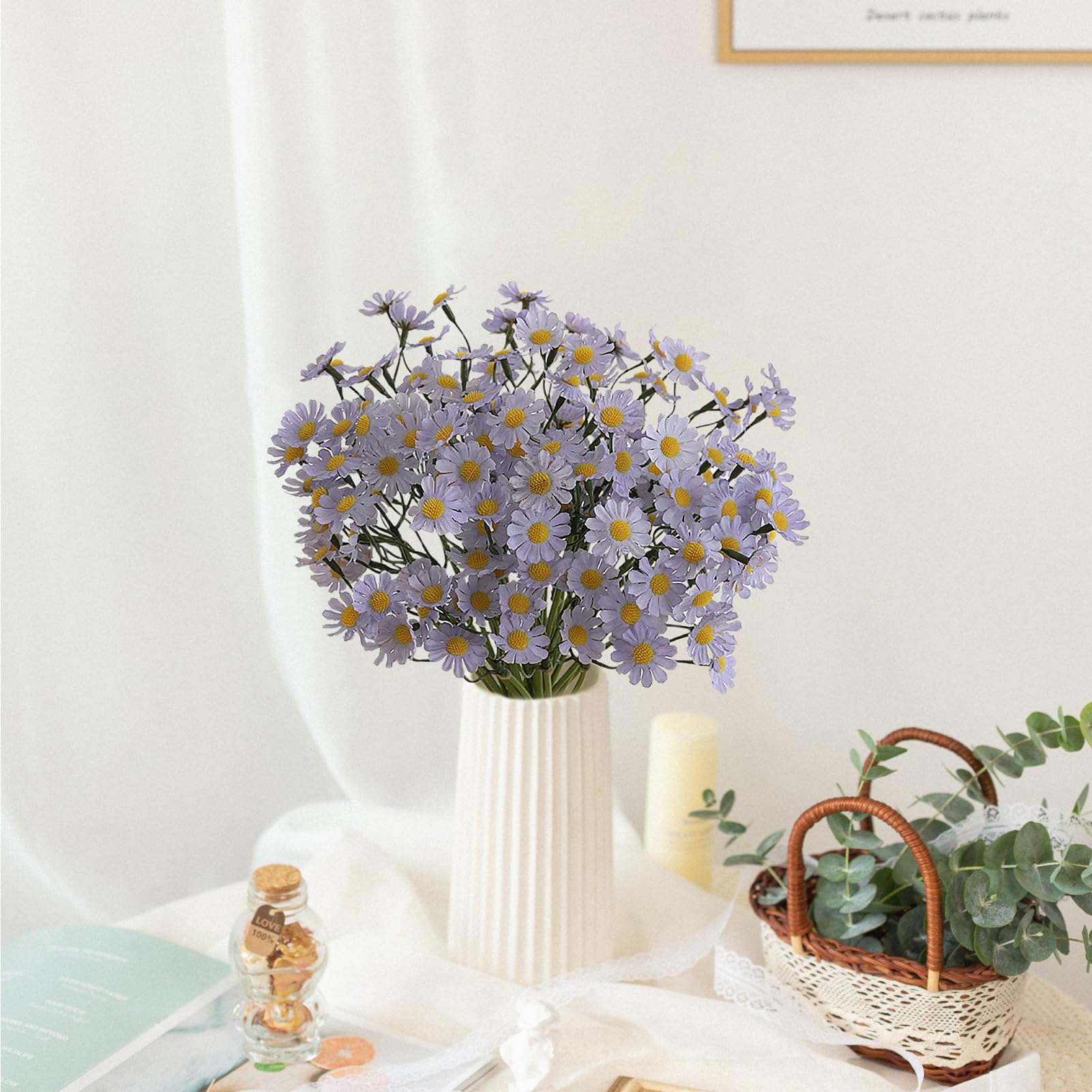 Fiori Artificiali Margherite 4 Pezzi Finti Selvatici con steli Finti arbusti Verdi Piante finte Bouquet Finto per Matrimonio Bouquet da Sposa Decorazioni per casa Giardino Feste (F)